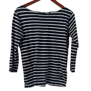 Rebecca Taylor Blue and White Fitted Long Sleeve Boat Neck Top